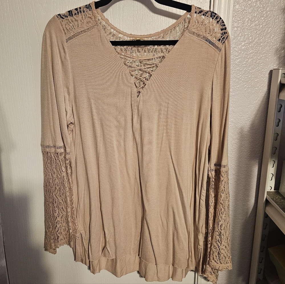 Democracy Lace Sleeve Beige Blouse